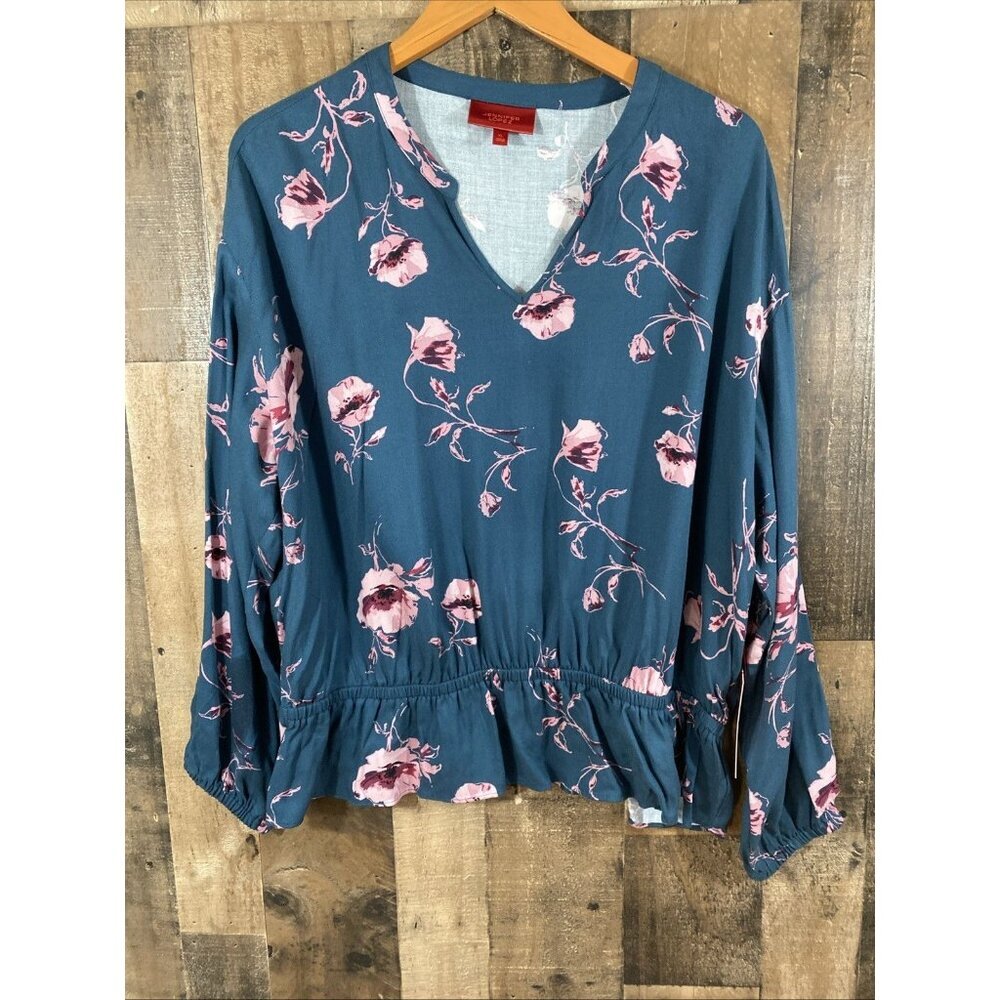 Jennifer Lopez‎ Women Top Size XL Hunter Green Rose Print Pullover V-Neck Shirt